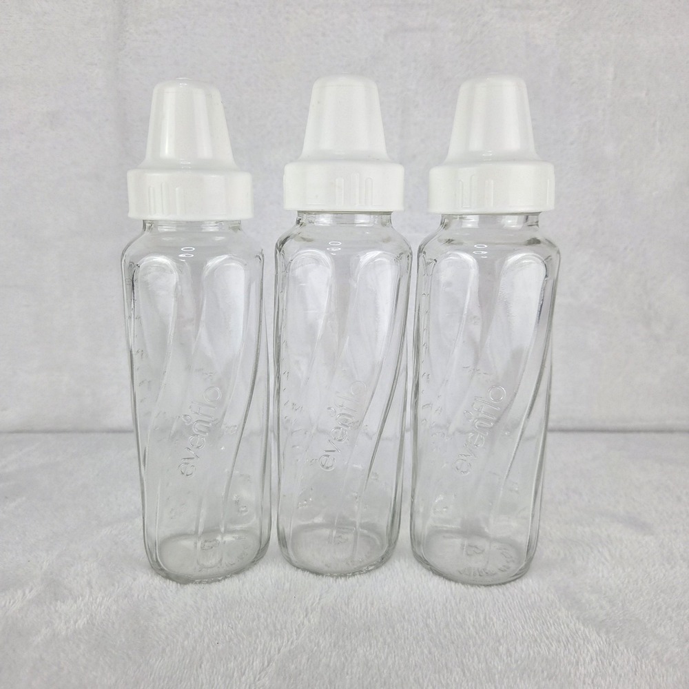 Lot of 3 Evenflo 8 oz Glass Baby Bottles White Caps Made in Mexico